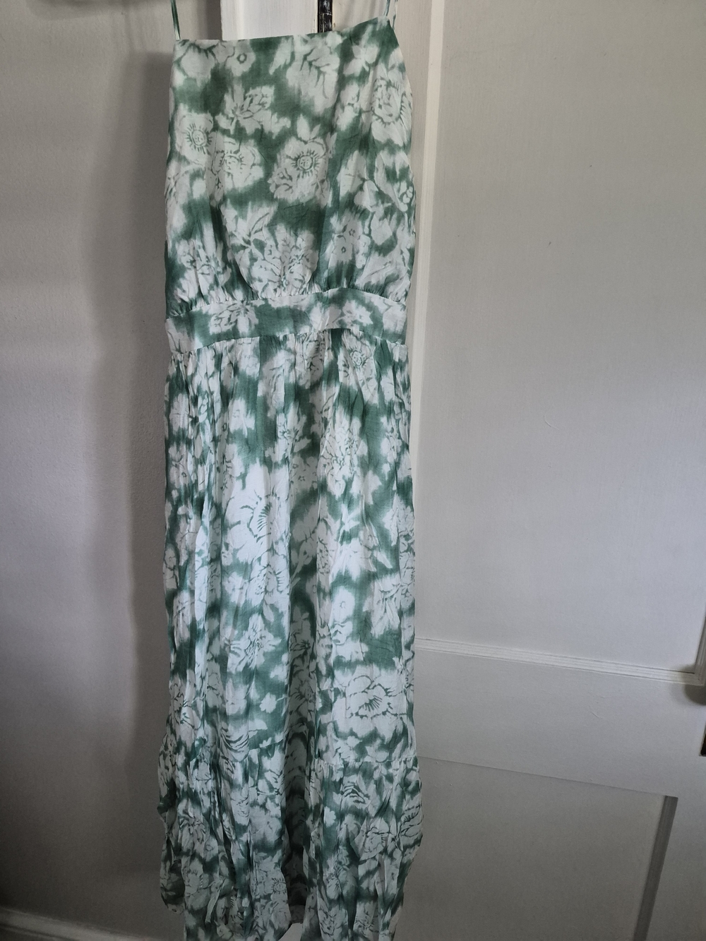 Anthropologie Green and White Floral Tie-Dye Maxi Dress